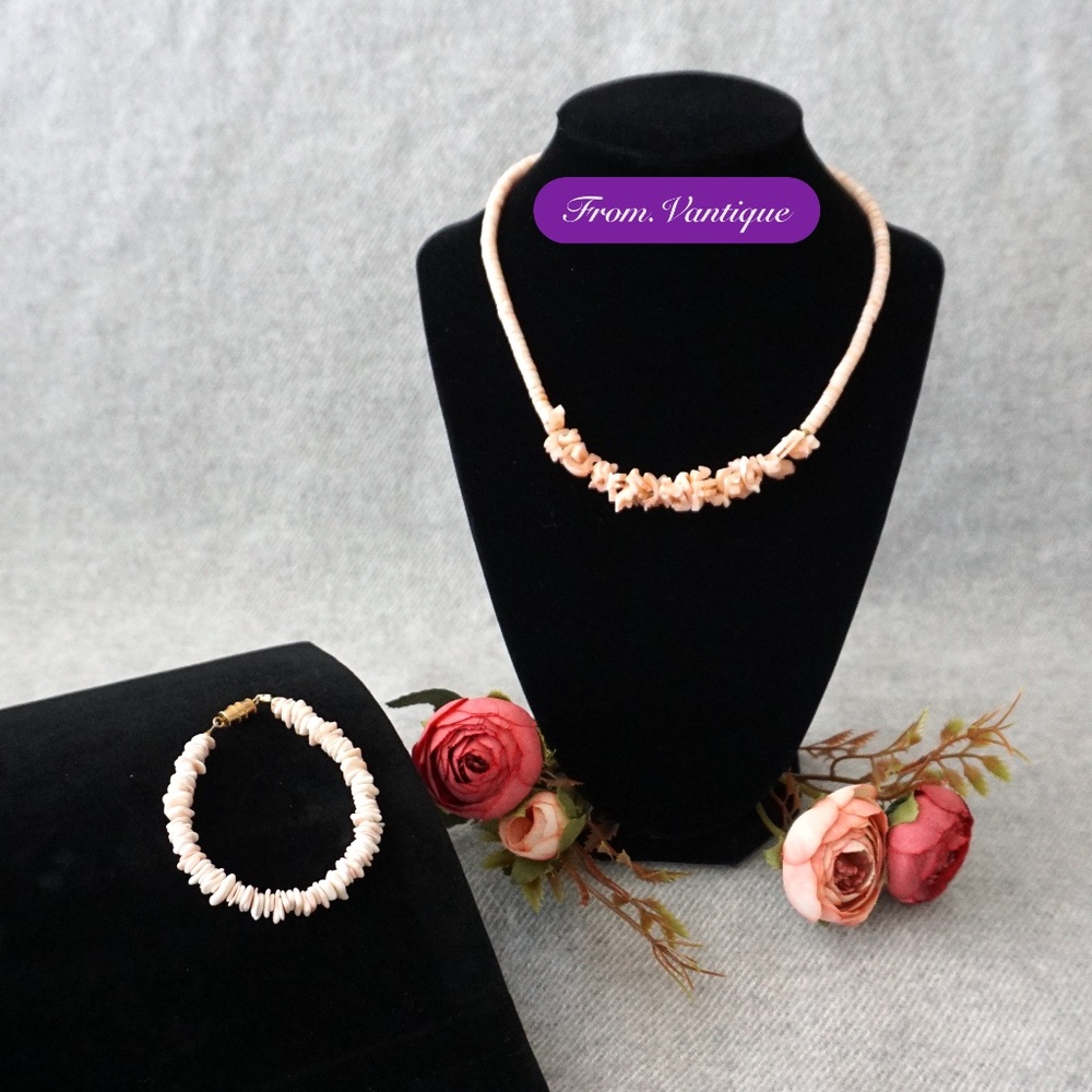 🎀 VINTAGE [Handmade] Pink Seashells Beaded Necklace Set ⛓️ + Bracelet 📿